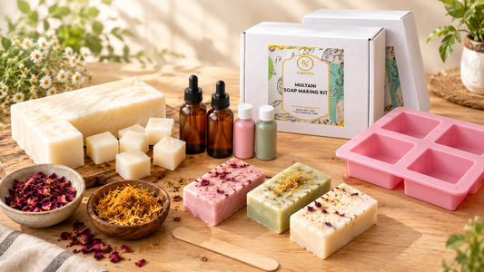 DIY Multani soap making kit with soap base, fragrance oils, soap colours, silicone mould and handmade soap bars