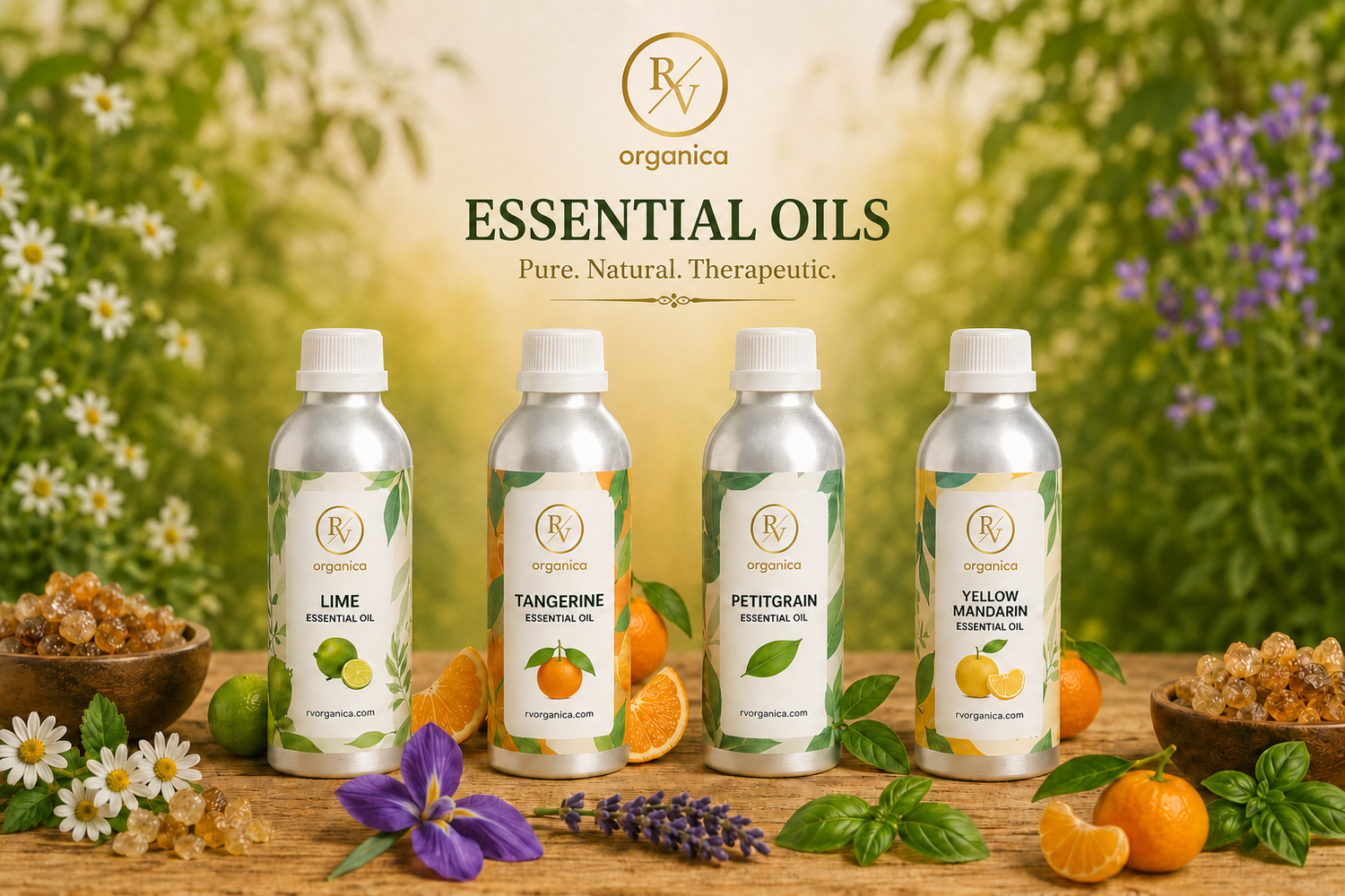 "Premium Essential Oils Collection by RV Organica featuring Lavender, Rosemary, Tea Tree, Peppermint and other pure natural essential oils in amber glass bottles."