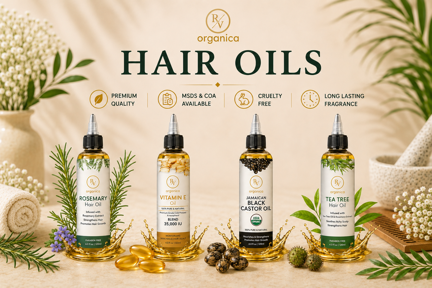 Hair oils for men and women with applicator—rosemary, vitamin E, hair & care oils, frizzy hair solutions, best in India for healthy, strong hair.