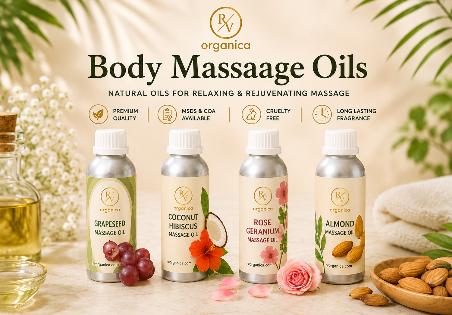 Natural body massage oils for women and men, including coconut, lavender, and other blends for glowing skin by RV Organica