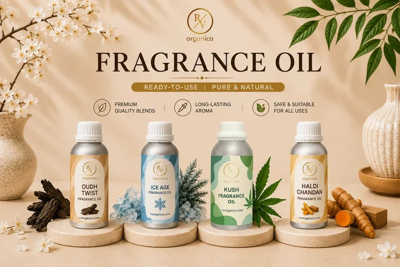 RV Organica premium fragrance oils collection featuring Oudh Twist, Kesar Chandan, Sandalwood, and Kush fragrance oils in a luxury spa-inspired display.