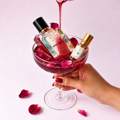 Love Fusion perfume and Rose Attar in a glass with rose petals