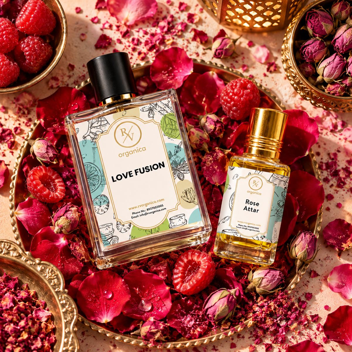 Love Fusion Eau de Parfum and Rose Attar on rose petals and raspberries
