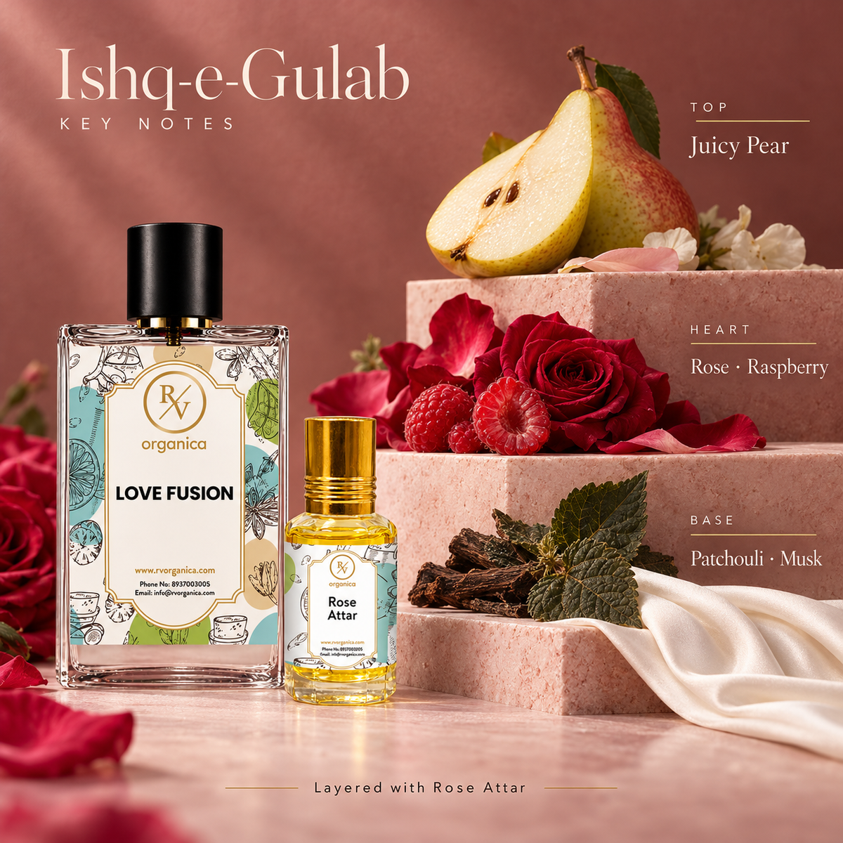 Love Fusion perfume notes – pear, rose, raspberry, patchouli and musk