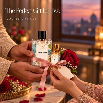 Couple exchanging Ishq-e-Gulab perfume and attar gift set