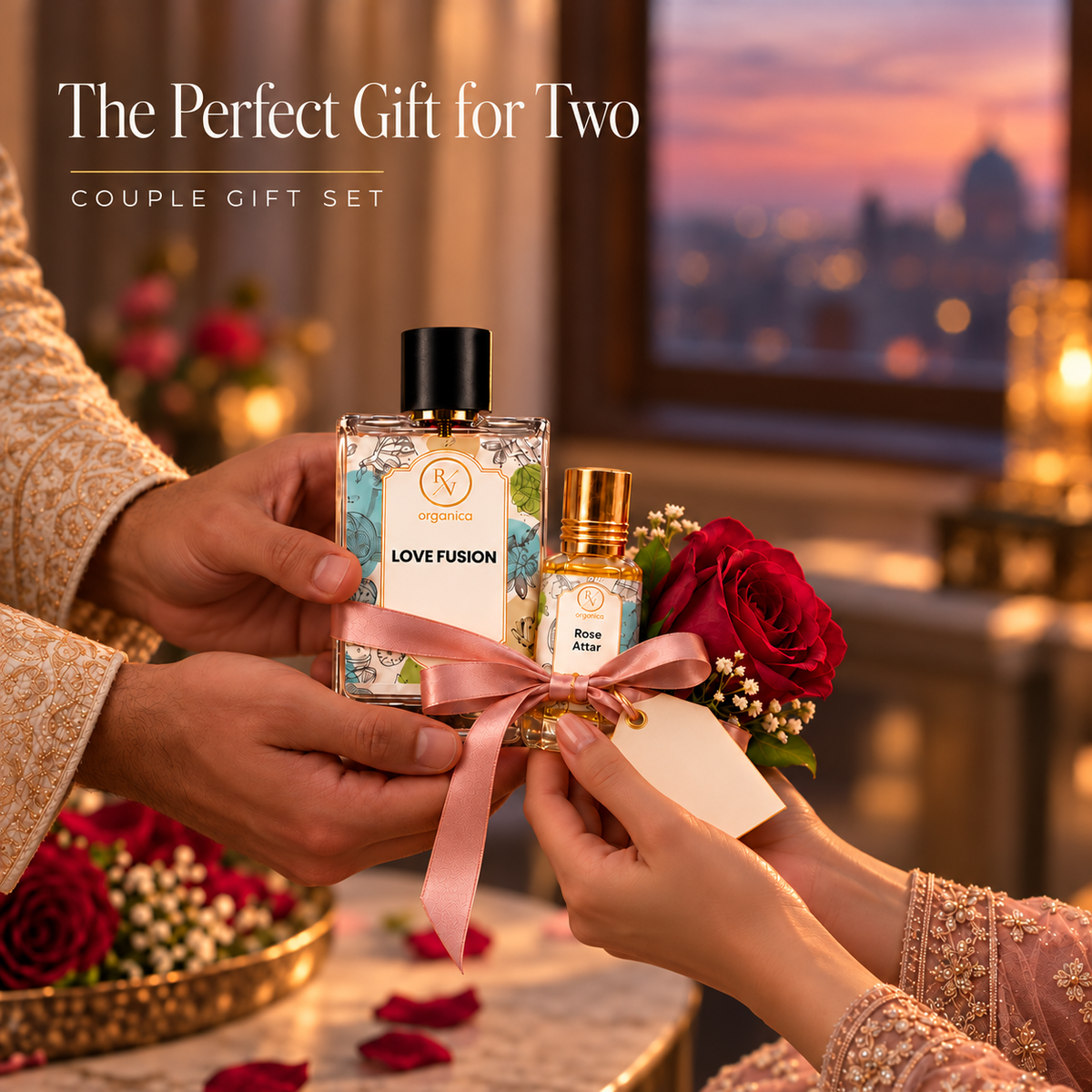 Couple exchanging Ishq-e-Gulab perfume and attar gift set