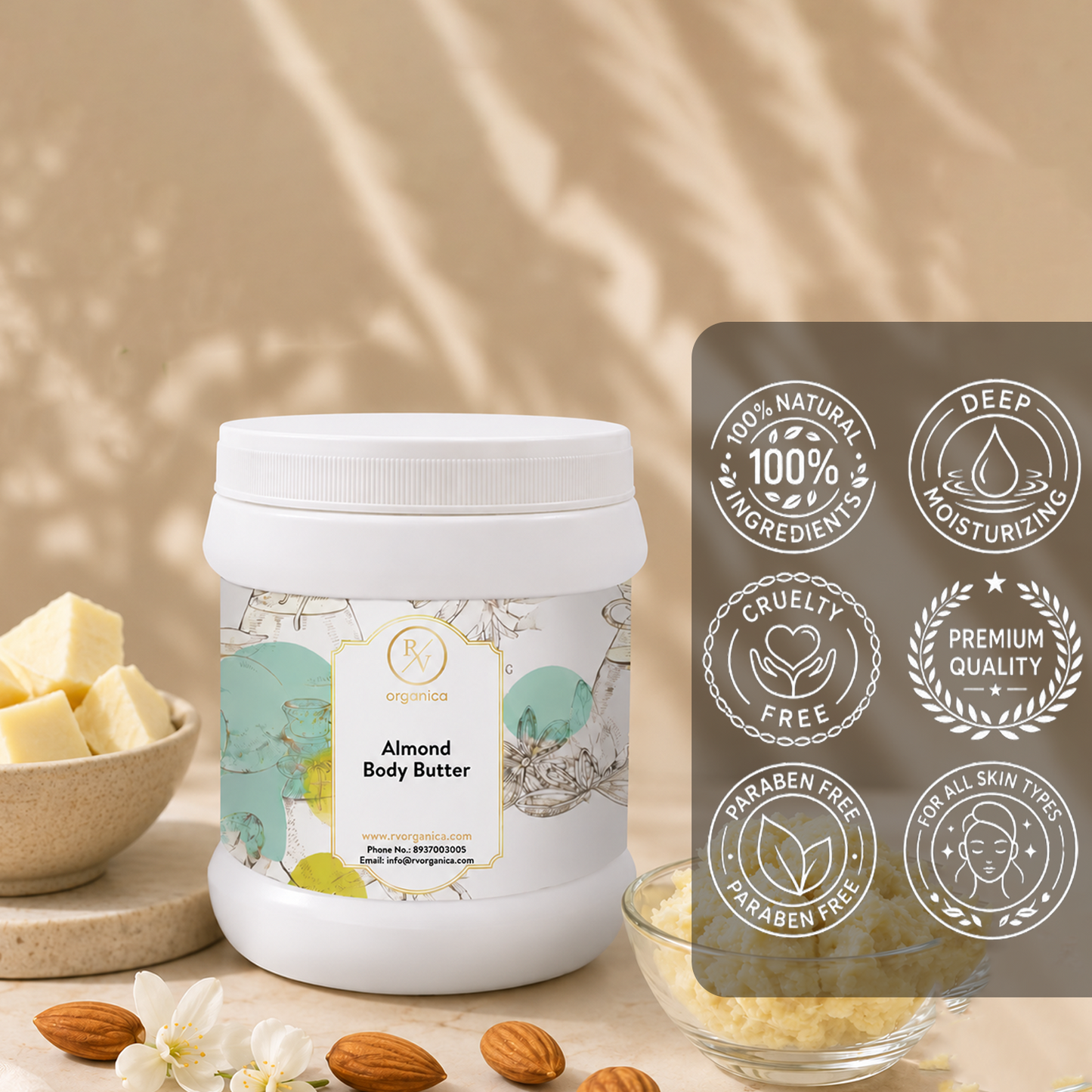 RV Organica Almond Body Butter natural moisturizer with smooth creamy texture for daily skincare
