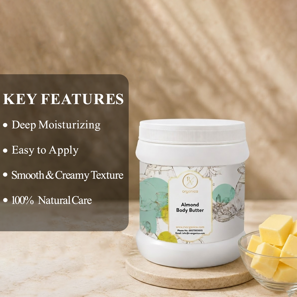 RV Organica Almond Body Butter with deep moisturizing formula for soft and nourished skin