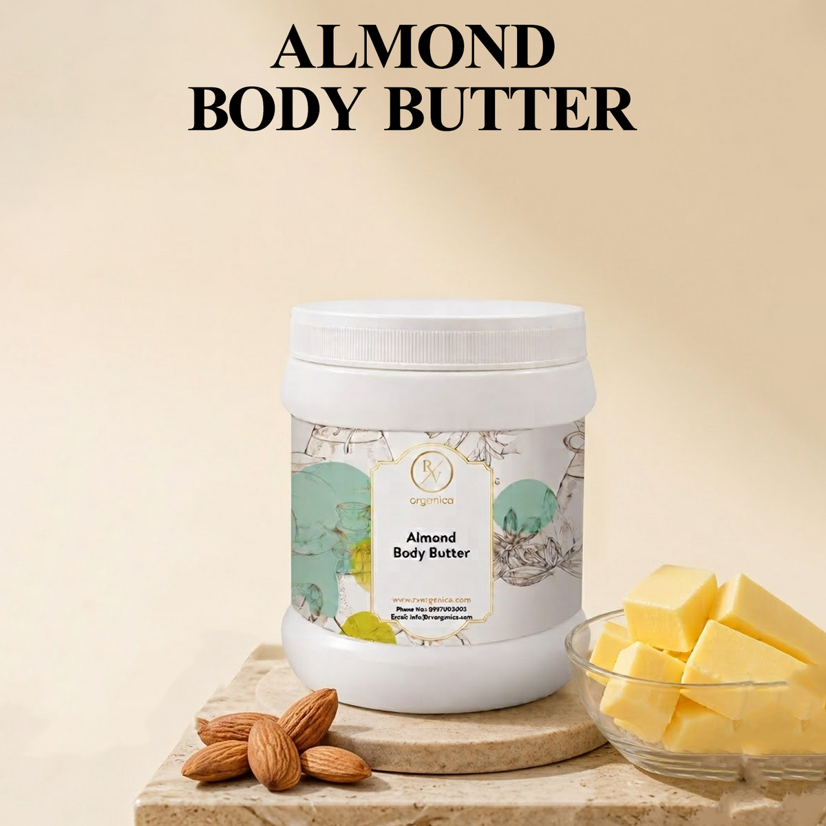 RV Organica Almond Body Butter jar with premium natural ingredients for hydrated and healthy skin