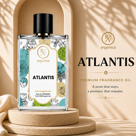 RV Organica Atlantis Premium Fragrance Oil bottle displayed on a beige podium with elegant product packaging and aquatic-inspired design - second image