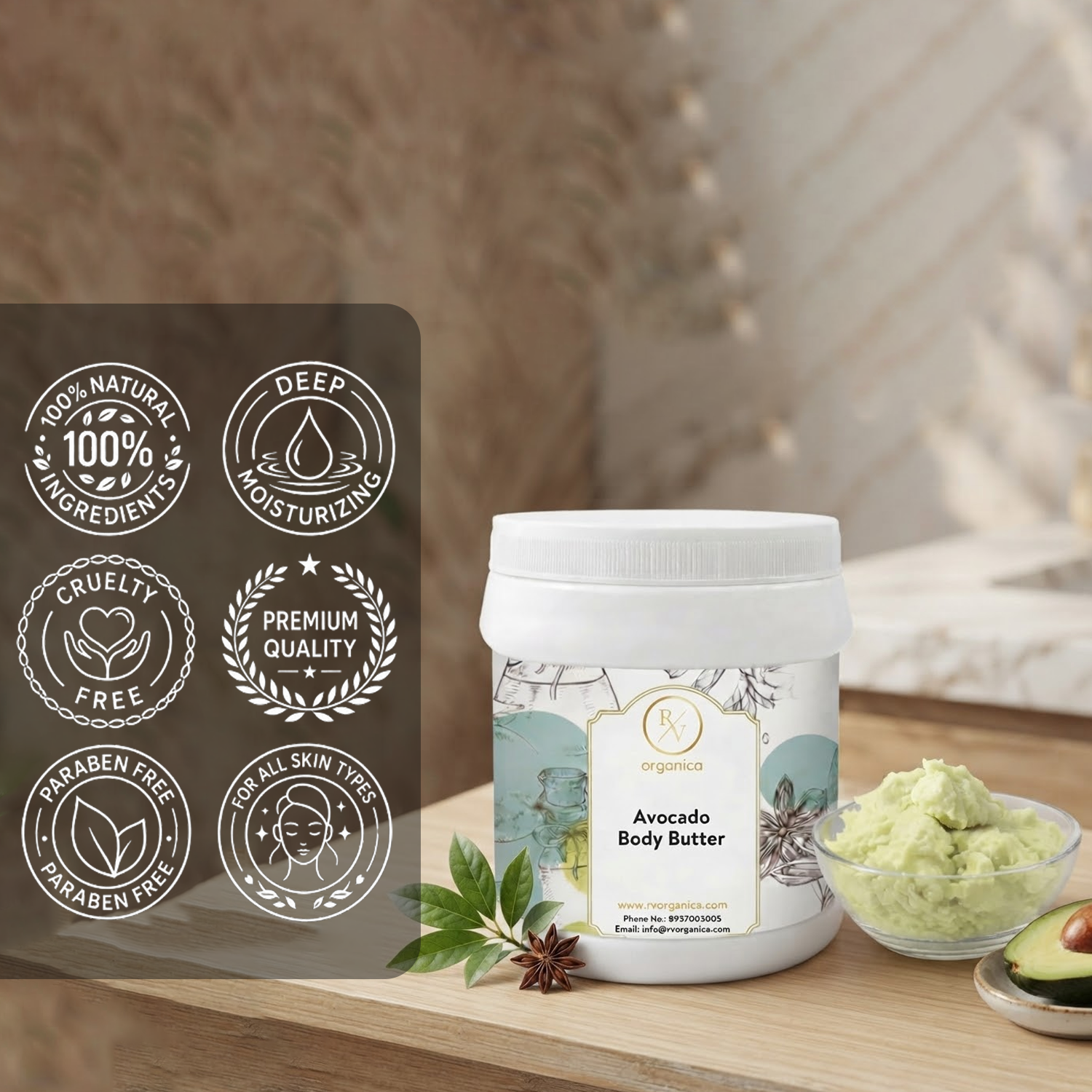RV Organica Avocado Body Butter with avocado ingredients for deep moisturizing and smooth skin nourishment