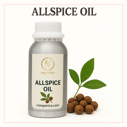 A bottle of Allspice Oil with a white cap, labeled 'ALLSPICE OIL' from RV Organica, alongside allspice berries and a green leaf.