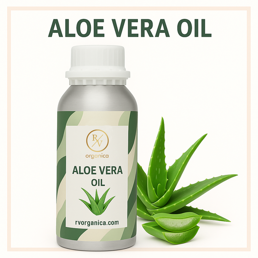 A bottle of Aloe Vera Oil with a fresh aloe vera leaf next to it. The label on the bottle reads 'Aloe Vera Oil' and includes a website address 'rvorganica.