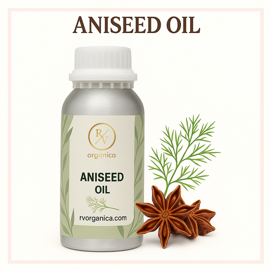 A bottle of Aniseed Oil with the brand RV Organica displayed on the label. The image also includes an aniseed star and greenery in the background.