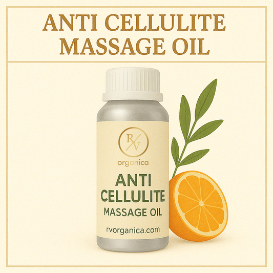 A bottle of Anti Cellulite Massage Oil with a slice of orange and a leaf in front of it, indicating the scent of the product.