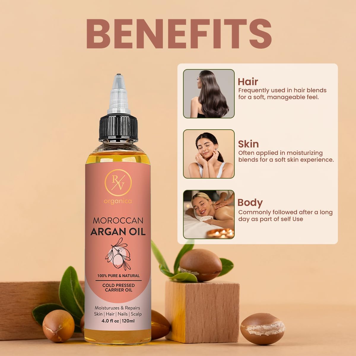 RV Organica Moroccan Argan Oil 120ml with argan seeds - benefits for hair, skin and body