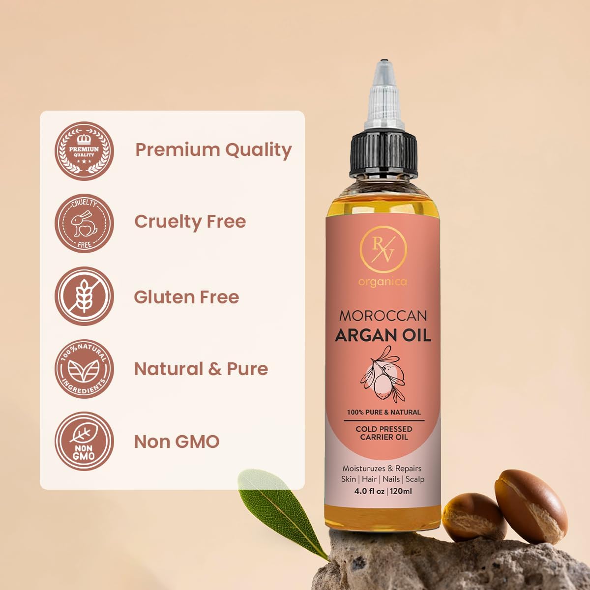 RV Organica Moroccan Argan Oil 120ml with argan seeds - premium quality, cruelty free, gluten free, natural and non GMO