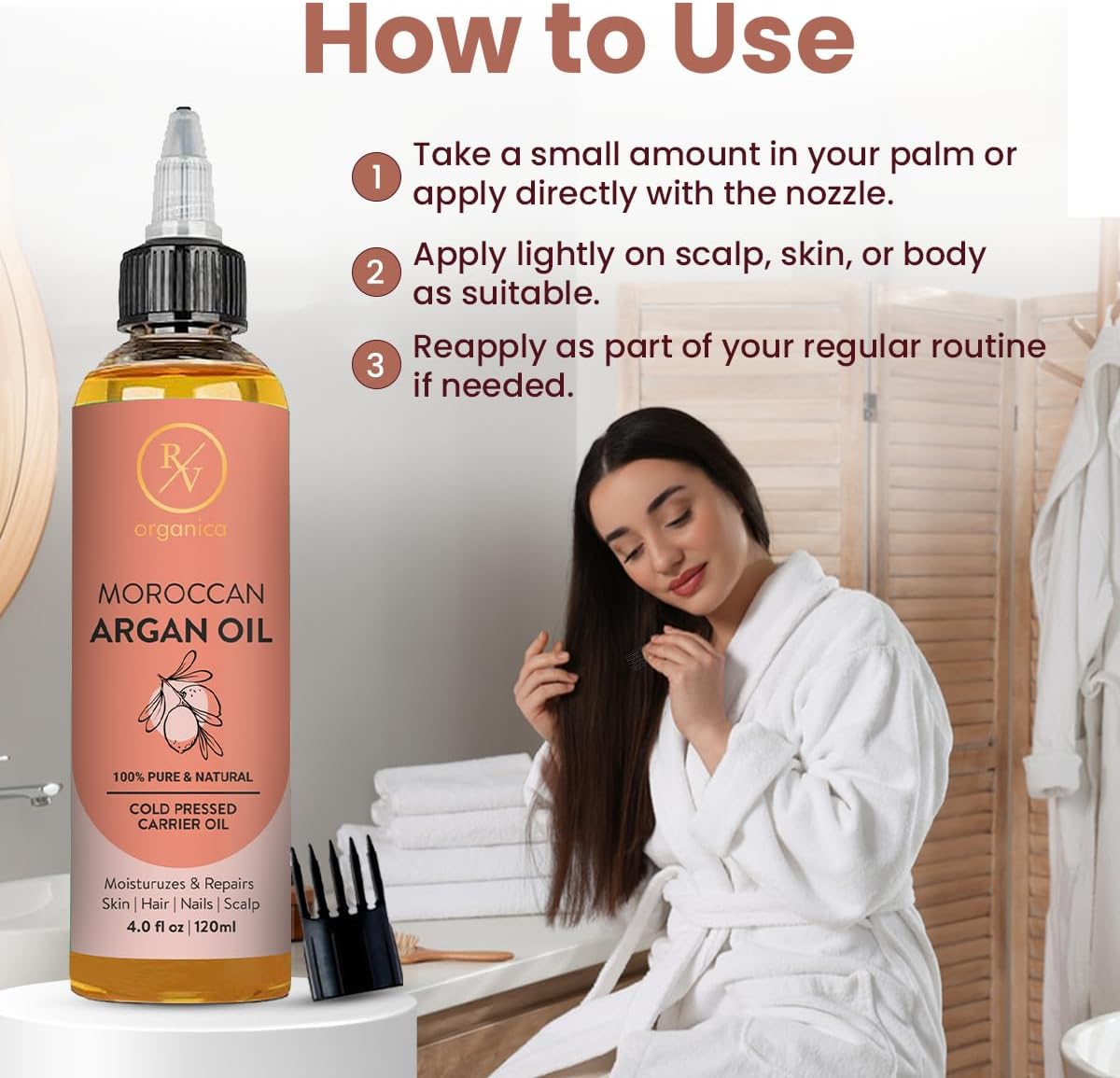 How to use RV Organica Moroccan Argan Oil - apply with nozzle on scalp, skin or body as part of daily routine