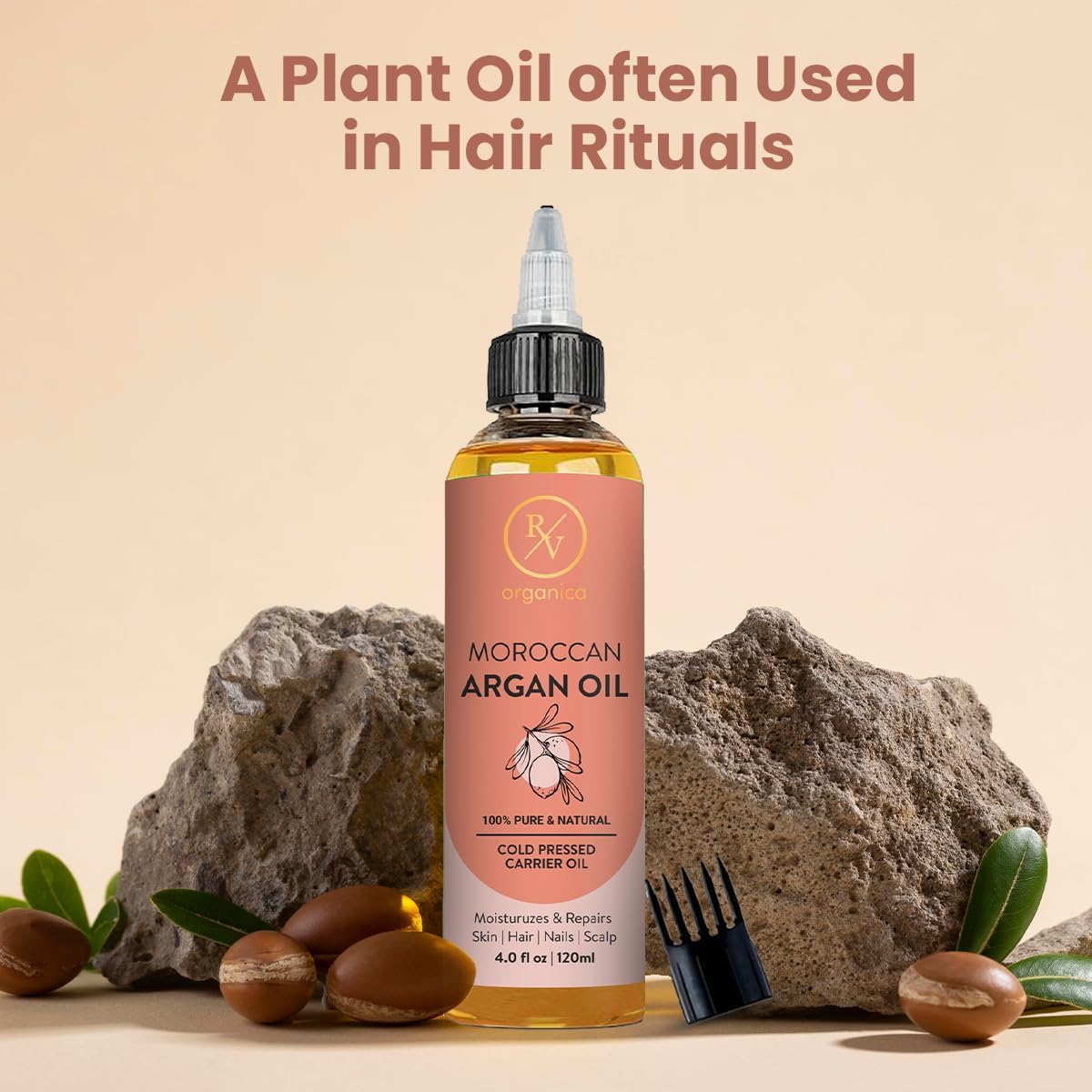 RV Organica Moroccan Argan Oil 120ml with comb and argan seeds - plant oil for hair rituals