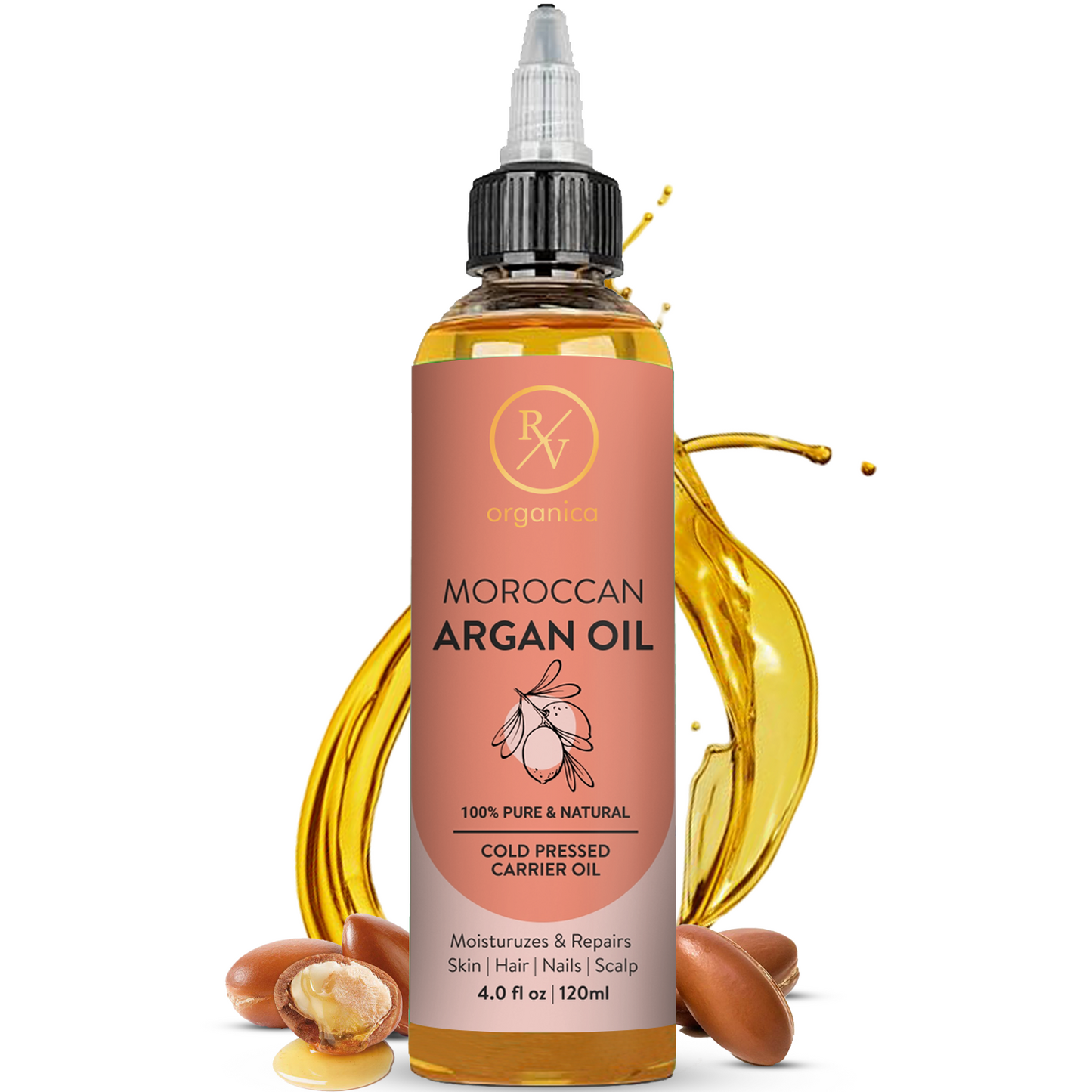 RV Organica Pure Cold Pressed Moroccan Argan Oil bottle 120ml with natural argan nuts