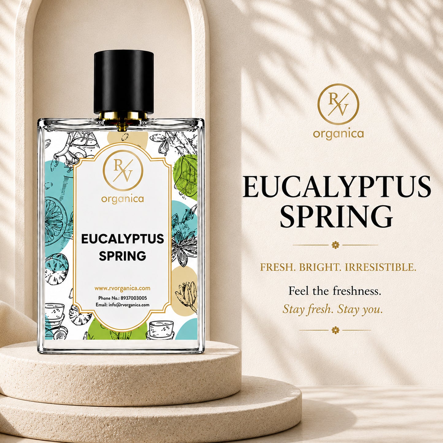 RV Organica Eucalyptus Spring essential oil bottle with botanical label displayed on a premium stone pedestal, natural eucalyptus-inspired fragrance packaging, luxury aromatherapy product.