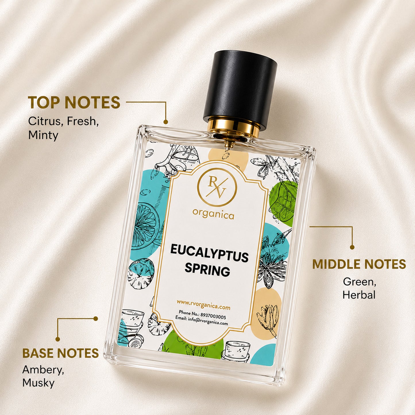 RV Organica Eucalyptus Spring perfume bottle showcasing fragrance notes with fresh citrus and mint top notes, green herbal middle notes, and warm ambery musky base notes on a soft cream fabric background.
