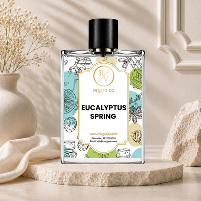 RV Organica Eucalyptus Spring perfume bottle displayed on a natural stone pedestal with elegant neutral décor, premium eucalyptus fragrance product photography.