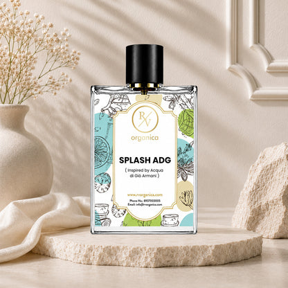 RV Organica Splash ADG premium fragrance oil inspired by Acqua di Gio Armani displayed on a natural stone pedestal with elegant beige decor and floral background.