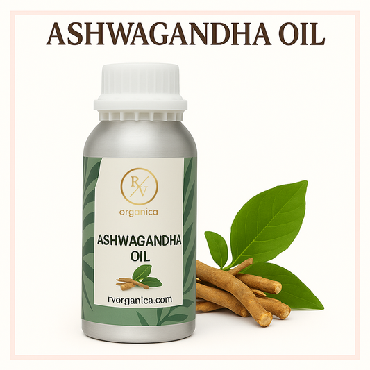 A bottle of Ashwagandha Oil with a green label, accompanied by leaves and roots of the Ashwagandha plant.