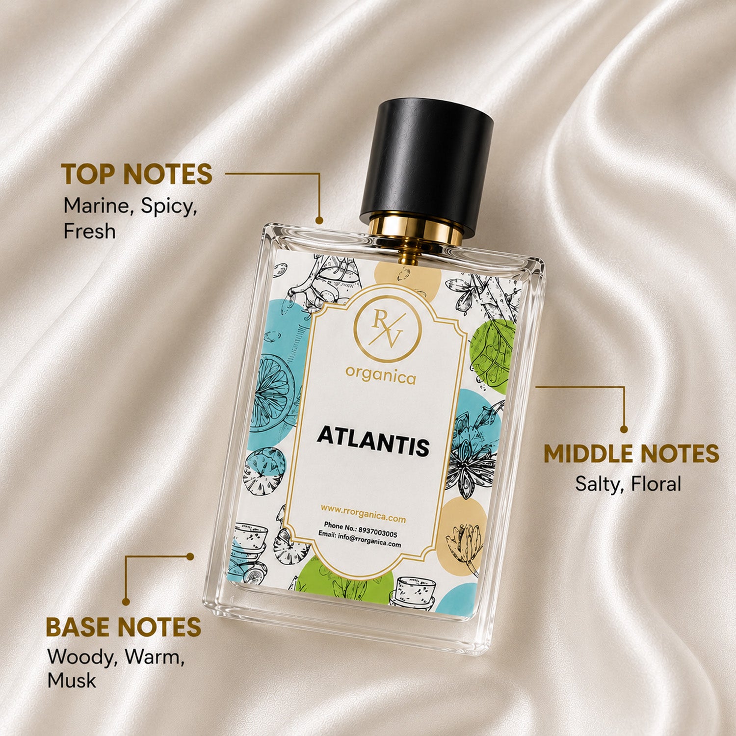 RV Organica Atlantis Premium Fragrance Oil fragrance notes showing marine, spicy and fresh top notes, salty floral middle notes, and woody musk base notes