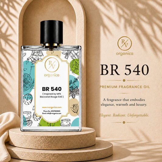 RV Organica BR 540 Premium Fragrance Oil bottle displayed with product branding in an elegant beige setting - second image