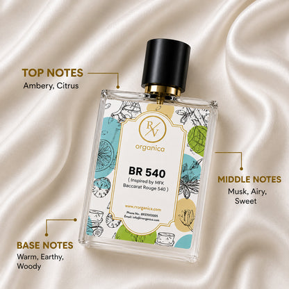 RV Organica BR 540 inspired by Baccarat Rouge 540 perfume bottle with top notes of ambery citrus, middle notes of musk airy sweet, and base notes of warm earthy woody fragrance