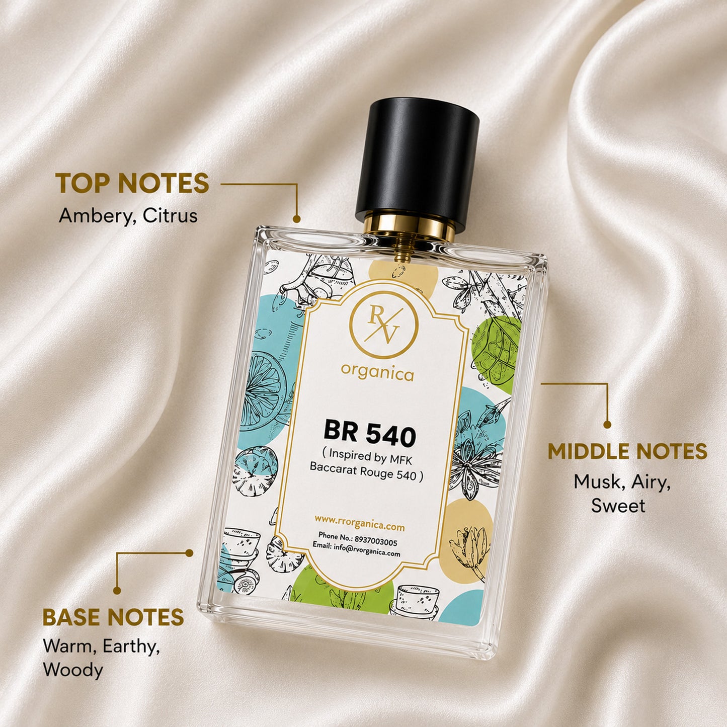 RV Organica BR 540 inspired by Baccarat Rouge 540 perfume bottle with top notes of ambery citrus, middle notes of musk airy sweet, and base notes of warm earthy woody fragrance