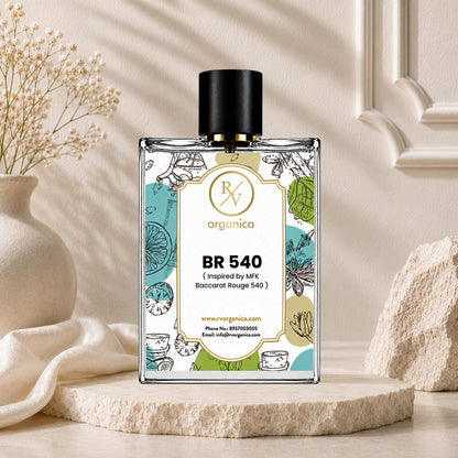 RV Organica BR 540 inspired by Baccarat Rouge 540 perfume bottle displayed on a stone pedestal with elegant beige decor and floral background.