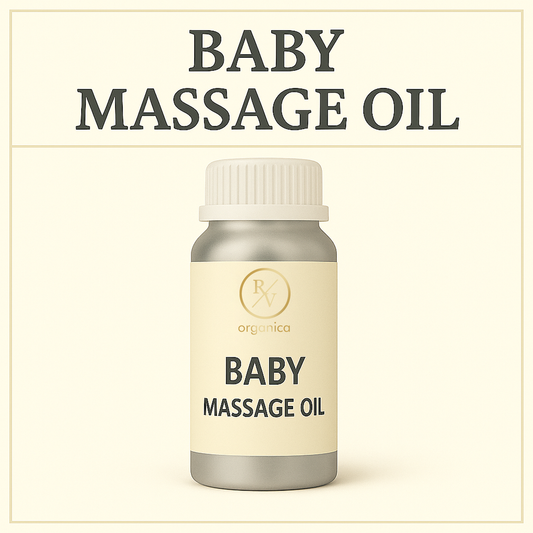 Bottle of baby massage oil with a beige label on a light background