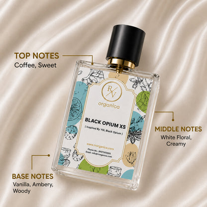 RV Organica Black Opium XS inspired fragrance showcasing coffee and sweet top notes, white floral middle notes, and vanilla, amber, woody base notes in an elegant perfume bottle.