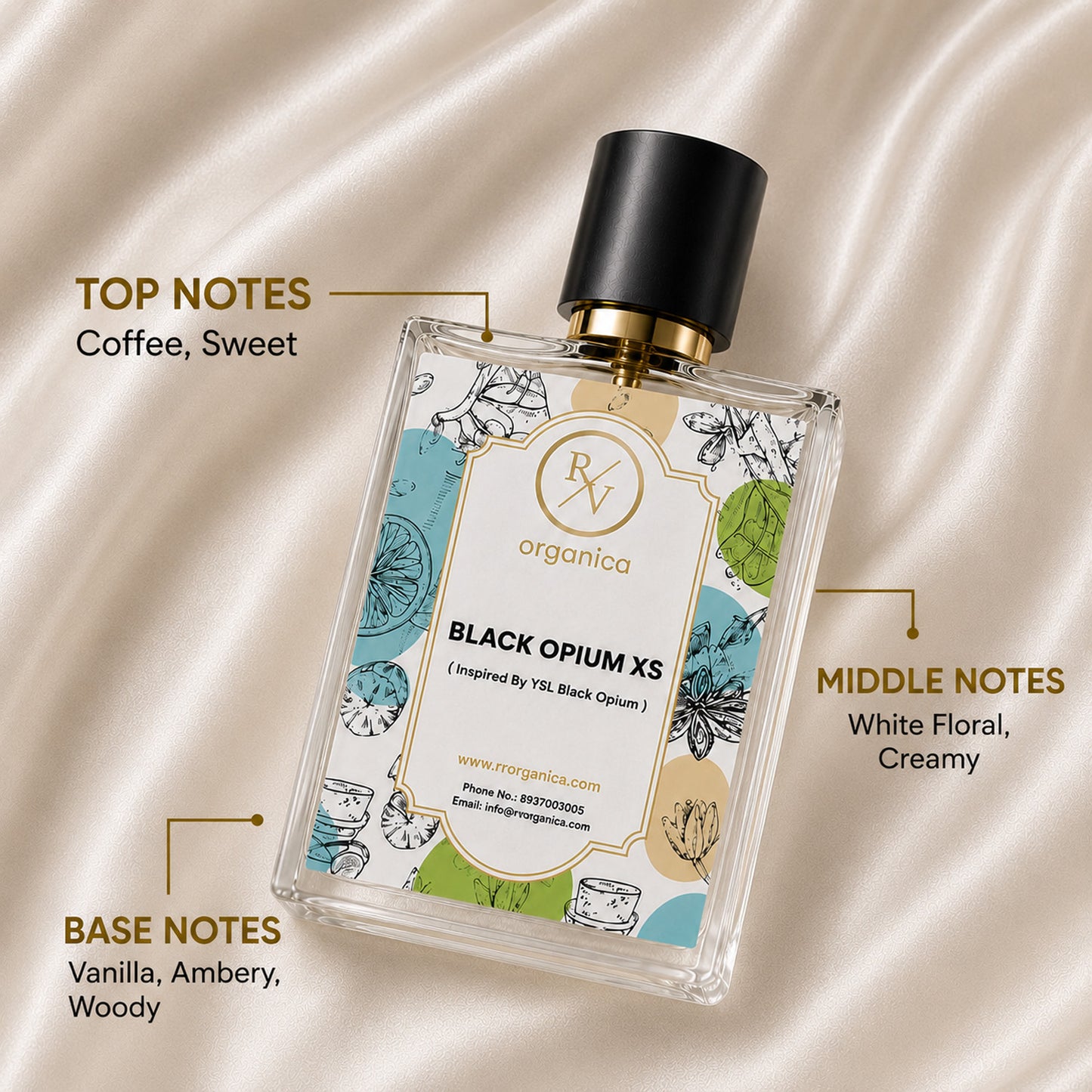RV Organica Black Opium XS inspired fragrance showcasing coffee and sweet top notes, white floral middle notes, and vanilla, amber, woody base notes in an elegant perfume bottle.