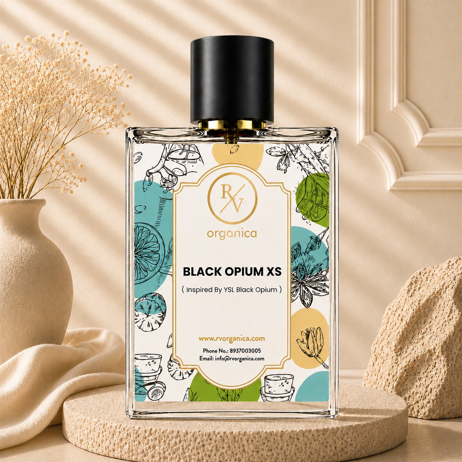 Black Opium XS inspired fragrance by RV Organica in a premium perfume bottle, inspired by YSL Black Opium with warm coffee, vanilla, and woody notes for everyday wear.