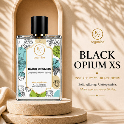 Black Opium XS inspired fragrance perfume by RV Organica in a luxury glass bottle with coffee, white floral, vanilla, and woody notes, perfect for daily wear and gifting.