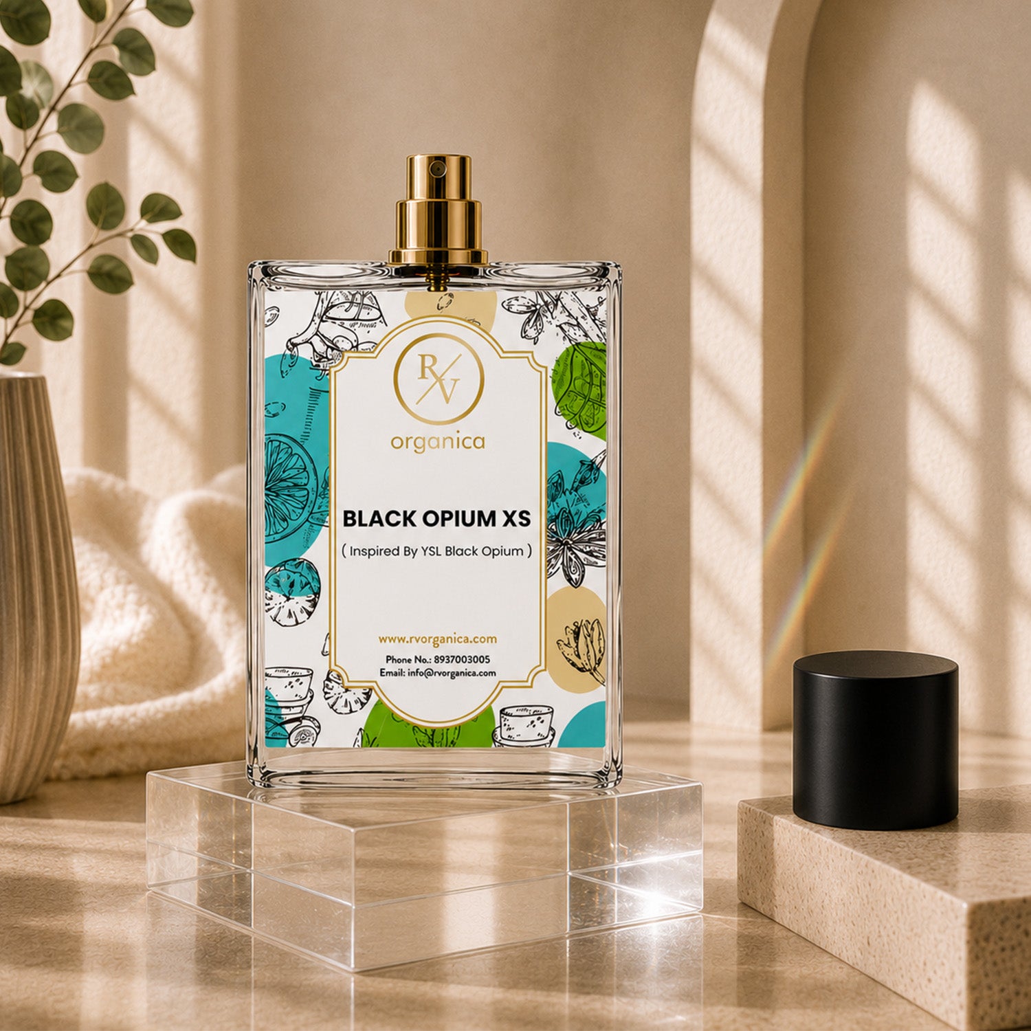 Black Opium XS inspired fragrance by RV Organica in a premium perfume bottle, inspired by YSL Black Opium with warm coffee, vanilla, and woody notes for everyday wear.