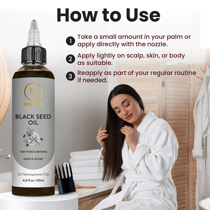 How to use RV Organica Black Seed Oil - apply with nozzle on scalp, skin or body as part of daily routine