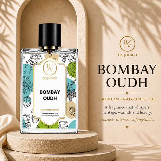 RV Organica Bombay Oudh Premium Fragrance Oil promotional banner featuring a luxury fragrance bottle with elegant branding and a warm beige backdrop highlighting heritage, warmth, and timeless sophistication. - second image