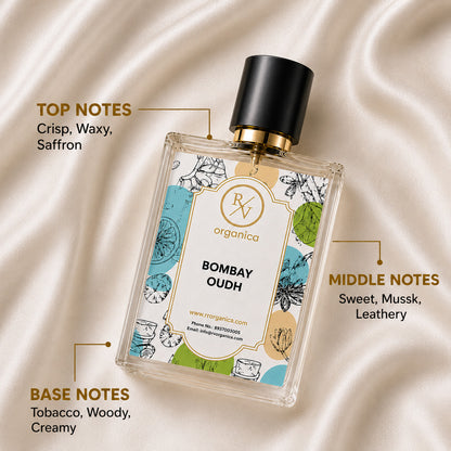 RV Organica Bombay Oudh Premium Fragrance Oil featuring fragrance notes with saffron top notes, sweet musky leathery middle notes, and woody tobacco creamy base notes on a luxurious fabric background.