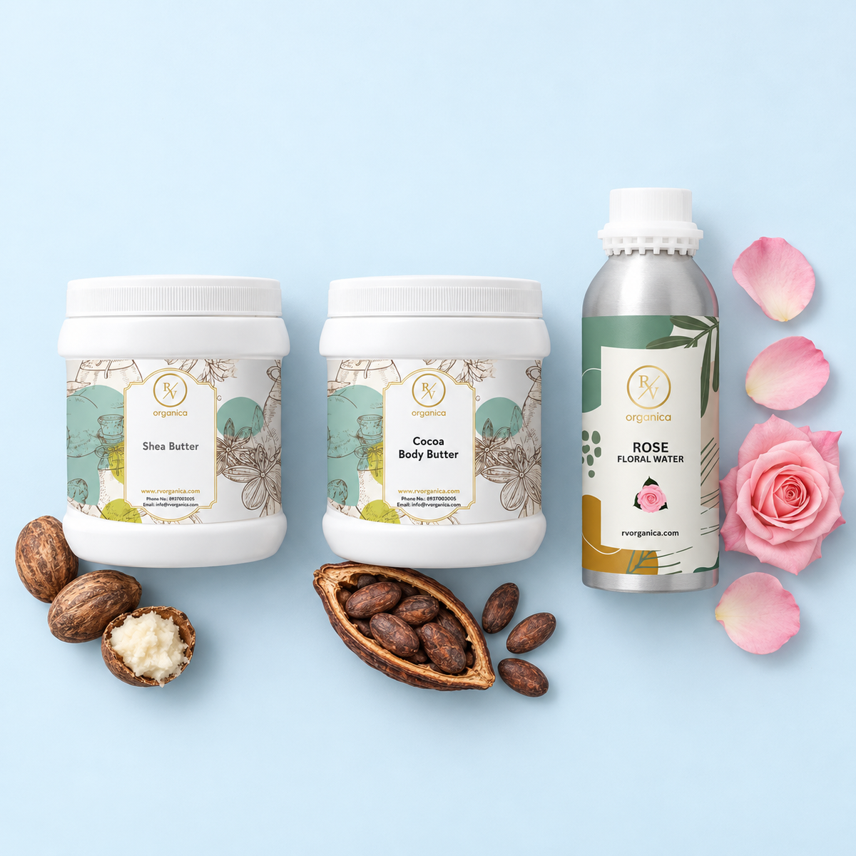 Shea Butter, Cocoa Body Butter and Rose Floral Water with shea nuts, cocoa pod and roses