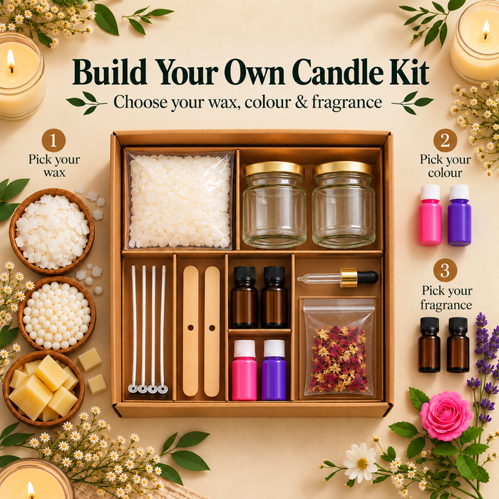 Build your own candle making kit with wax, candle colours, fragrance oils, wicks, jars and dried flowers by RV Organica