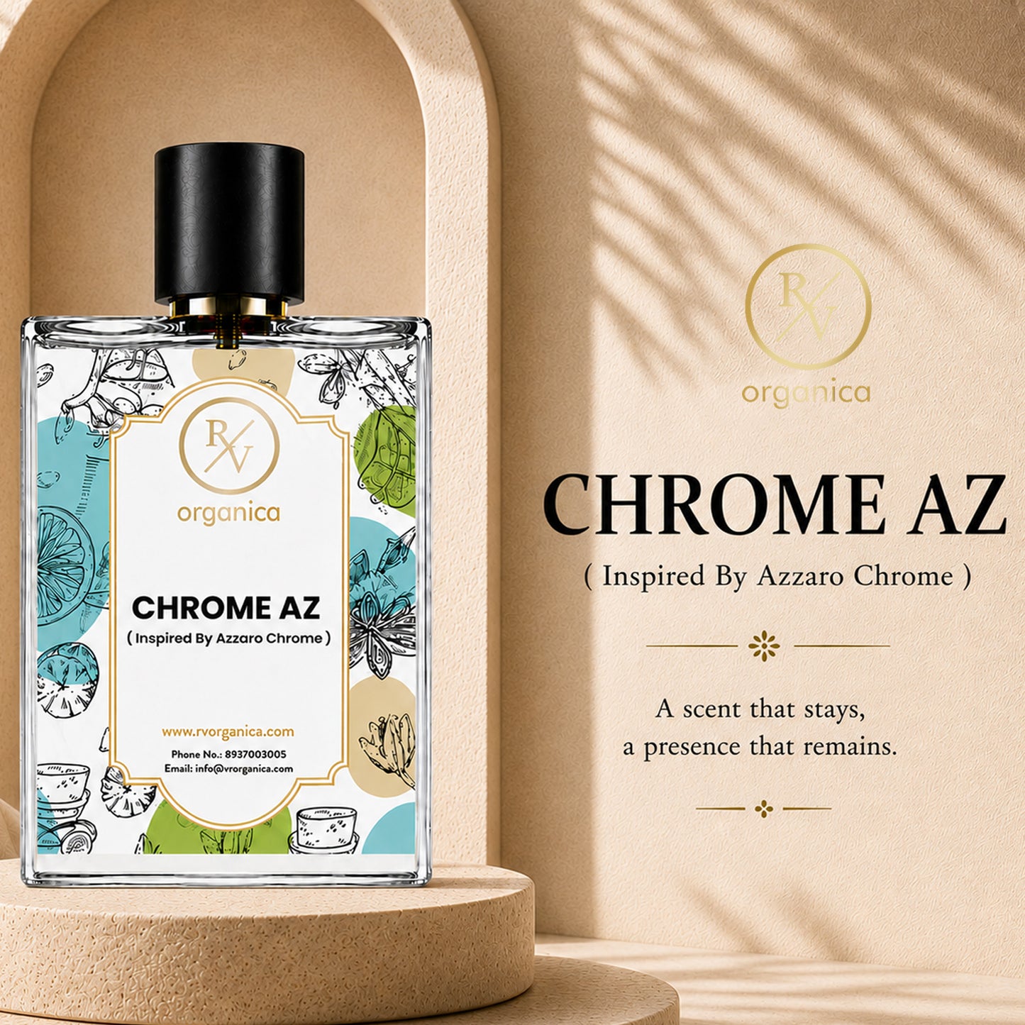 RV Organica Chrome AZ fragrance oil bottle on a textured podium with premium product branding background