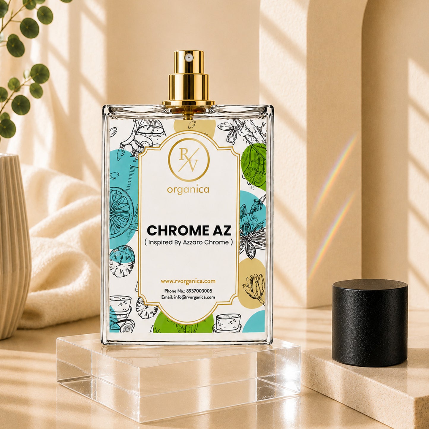RV Organica Chrome AZ fragrance oil bottle on a textured podium with premium product branding background