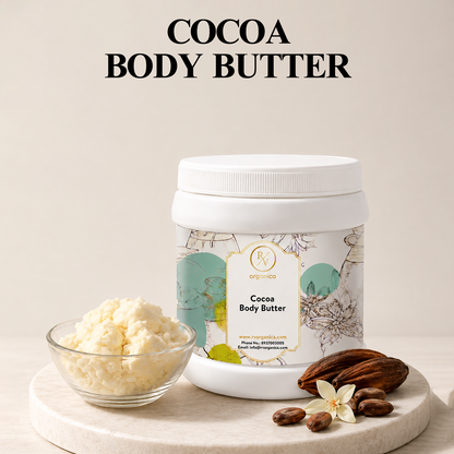 Cocoa Body Butter jar with fresh whipped butter and cocoa pods - RV Organica