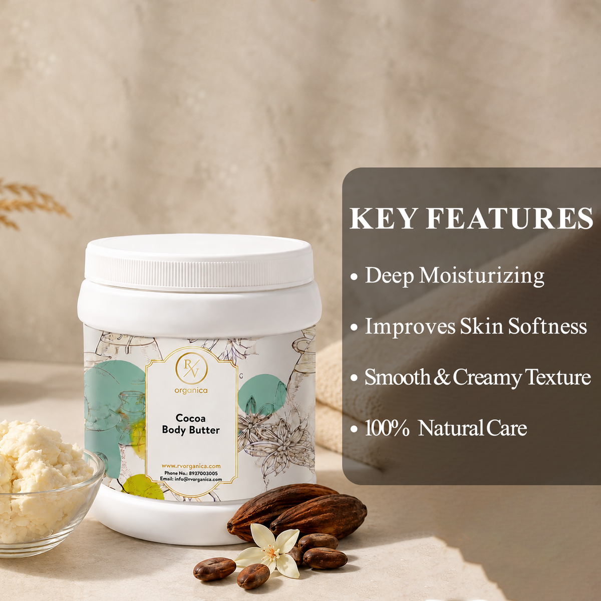 RV Organica Cocoa Body Butter - deep moisturizing, improves skin softness, smooth creamy texture, 100% natural care