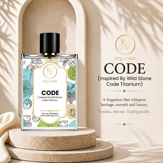 RV Organica Code Premium Fragrance Oil bottle displayed with product branding in an elegant beige setting - second image